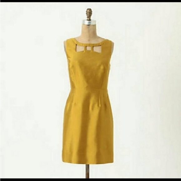 Maeve anthropology Silk Gold cut out mini dress 60s style US2 mustard sleeveless - Picture 3 of 13